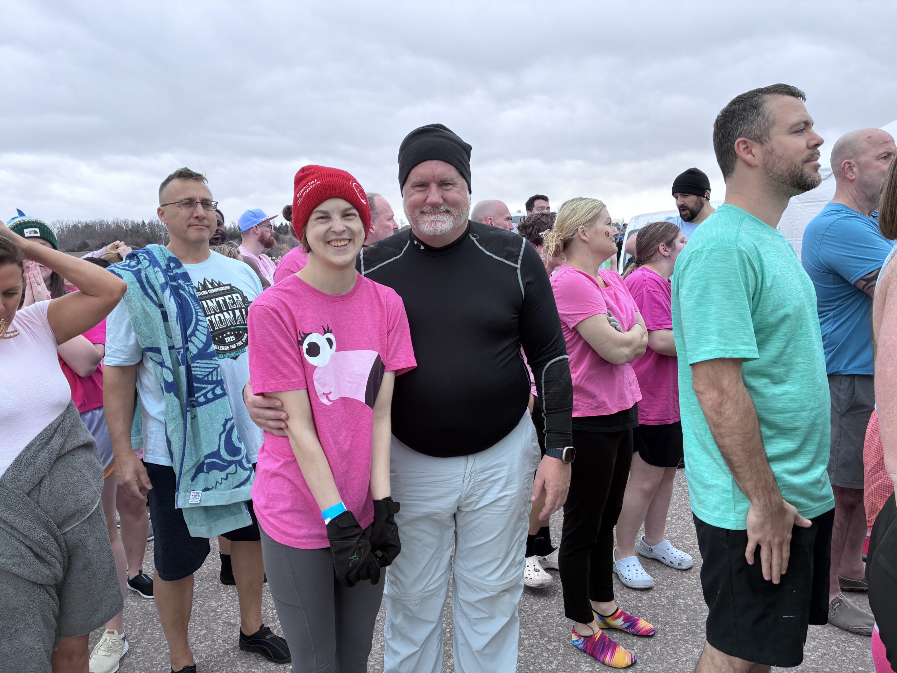 Rachel Mulligan and her father in line with the Core Bank Team for the Polar Plunge
